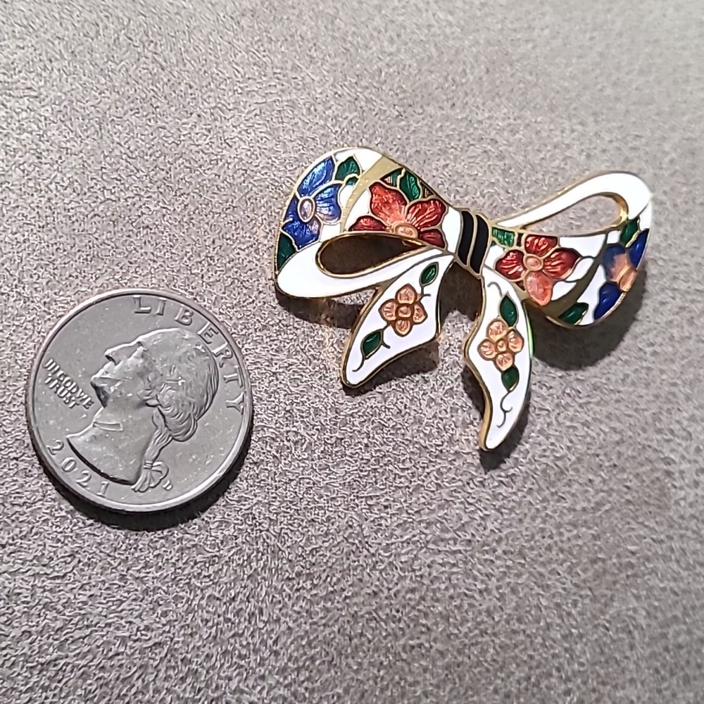 Vintage 1980's Gold Tone Cloisonne Bow Brooch Floral Enamel - Picture 8 of 11